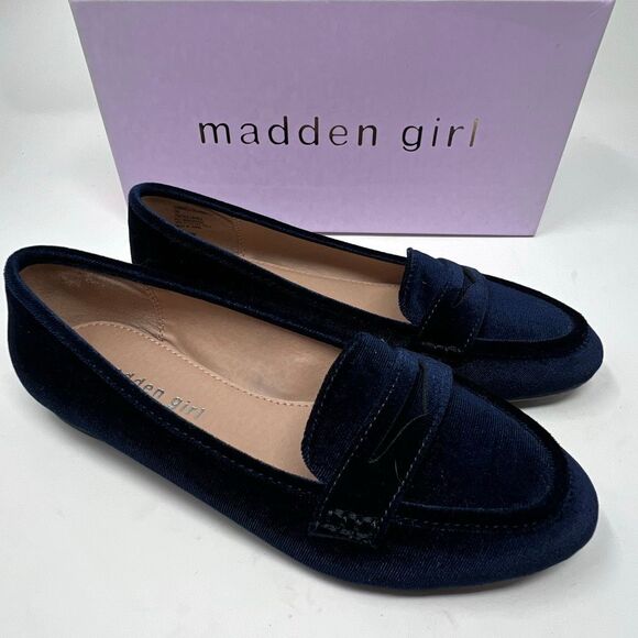 MADDEN GIRL Carmello Penny Loafers Size 7 Navy Blue Velvet Slip-On Flats Preppy - Picture 1 of 11